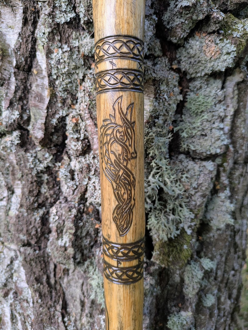 Runes & Roots hand-carved Scottish birch staff with Norse dragon, runes and intricate knotwork